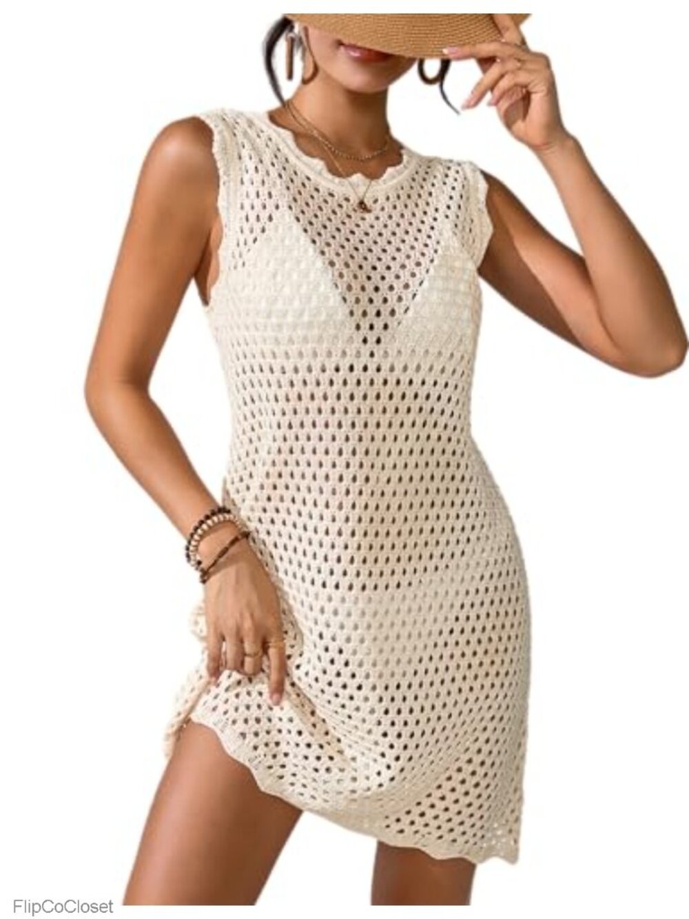 Womens Crochet Swimsuit Coverup Sleeveless Mini Beach Dress Scalloped Hem